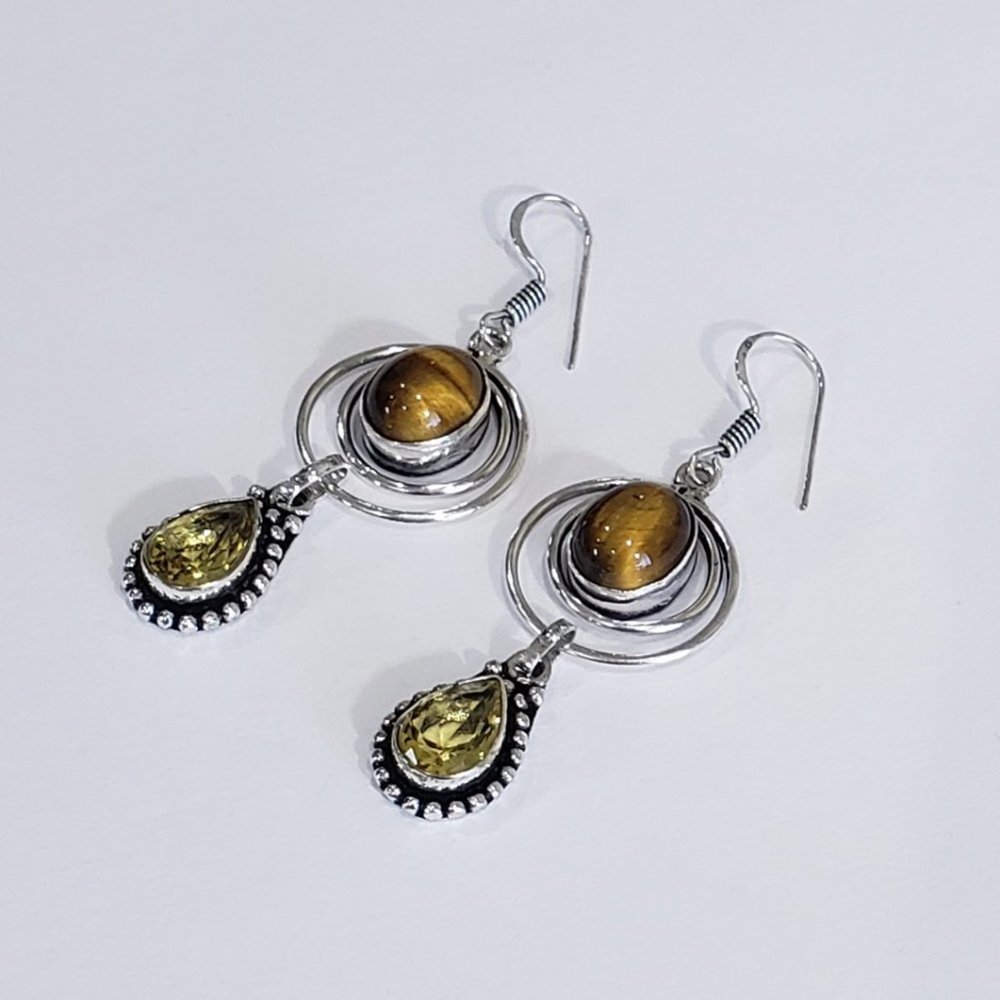 Tiger eye earrings, 925 silver tiger eye citrine dangle earrings - Picture 1 of 12